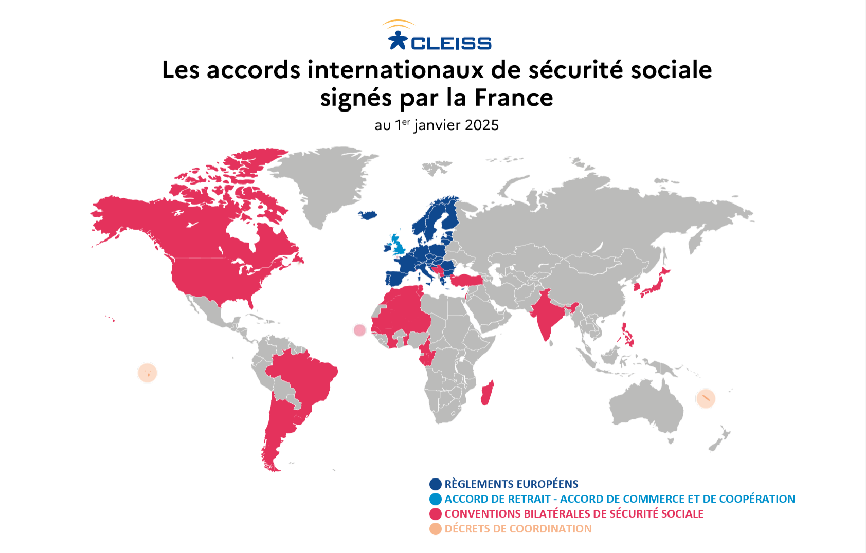 Carte des accords internationaux de sécurité sociale signés par la France — CLEISS 2025